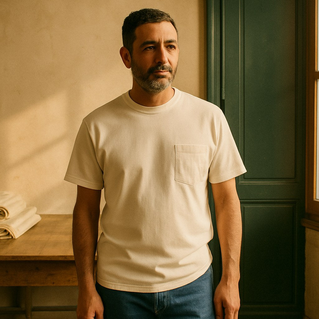 Tee Jersey Poche photographié dans l'atelier Verso Paris · atelier Verso · d'après produit · porté homme