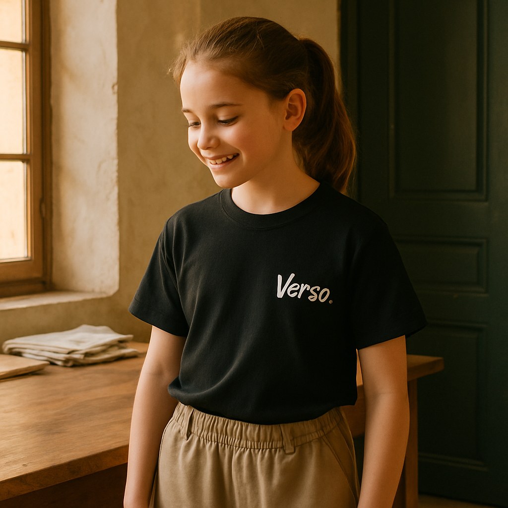 Tee Junior Garment Dye photographié dans l'atelier Verso Paris · atelier Verso · d'après produit · porté enfant