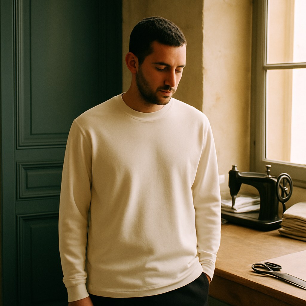 Tee Longue Col Rond photographié dans l'atelier Verso Paris · atelier Verso · d'après produit · porté homme