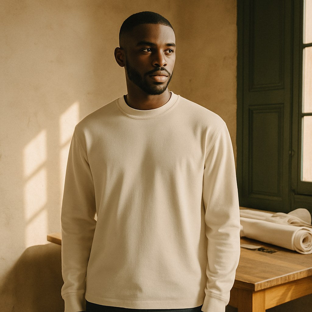 Tee Longue Manches Premium photographié dans l'atelier Verso Paris · atelier Verso · d'après produit · porté homme