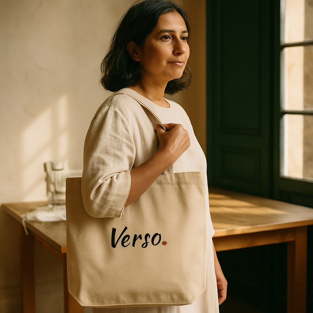 Tote Bag photographié dans l'atelier Verso Paris · atelier Verso · d'après produit · porté femme