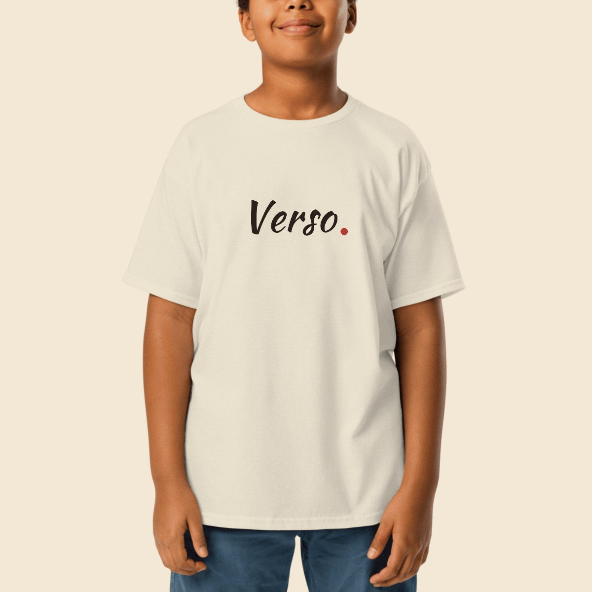 Tee Jersey Enfant Gildan 5000B personnalisable, coloris Blanc, Verso Paris · exemple Blanc · logo Verso