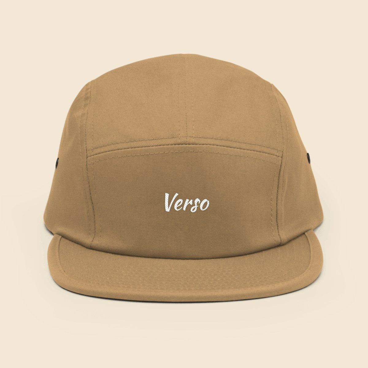 Casquette 5 Pans personnalisable, coloris Kaki, Verso Paris · exemple Kaki · logo Verso