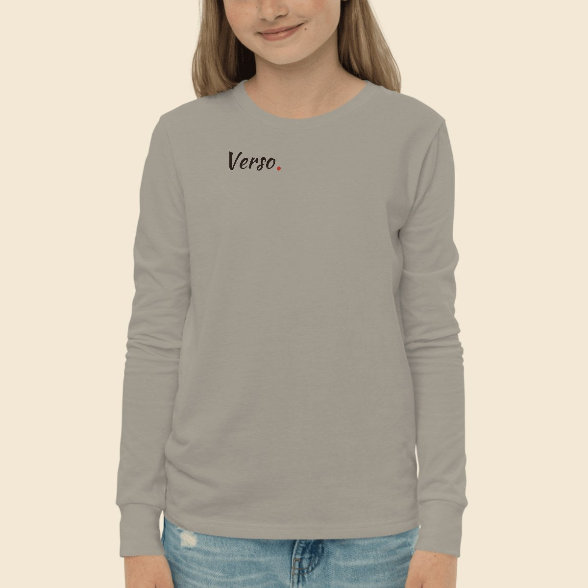 tee-jersey-longue-enfant-studio · exemple Gris chiné · logo Verso