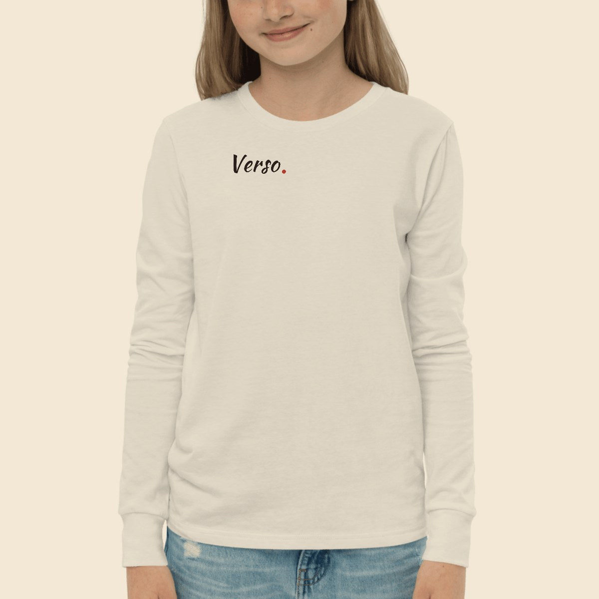 Tee Jersey Longue Enfant personnalisable, coloris Blanc, Verso Paris · exemple Blanc · logo Verso