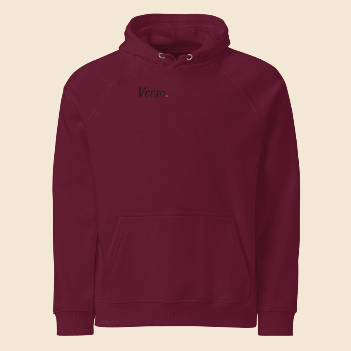 Hoodie Écologique Raglan personnalisable, coloris Burgundy, Verso Paris · exemple Burgundy · logo Verso