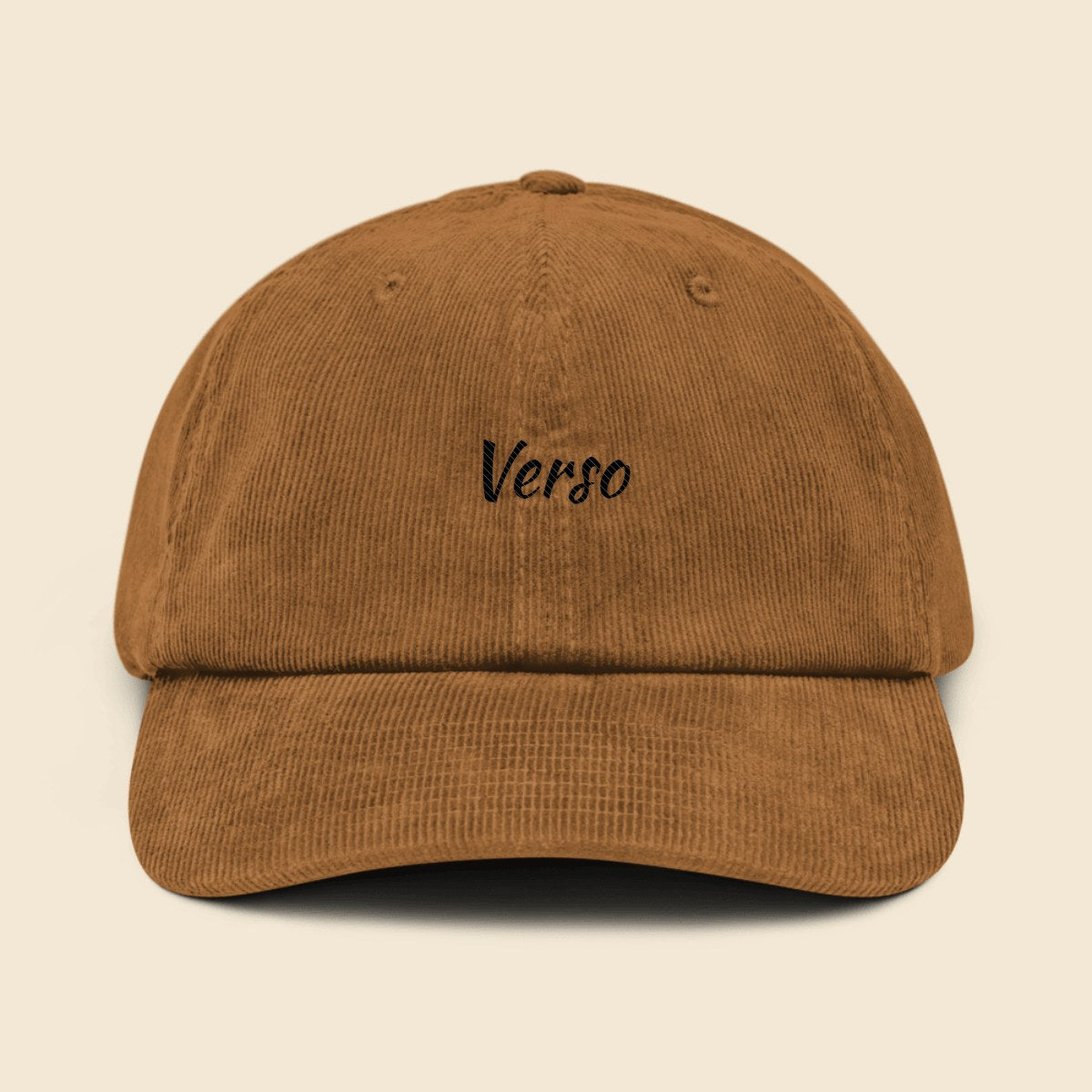 Casquette Velours Côtelé personnalisable, coloris Camel, Verso Paris · exemple Camel · logo Verso