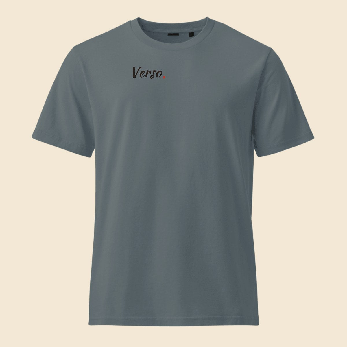 Tee Jersey Vintage personnalisable, coloris G. Dyed Deep bleu canard, Verso Paris · exemple G. Dyed Deep bleu canard · logo Verso