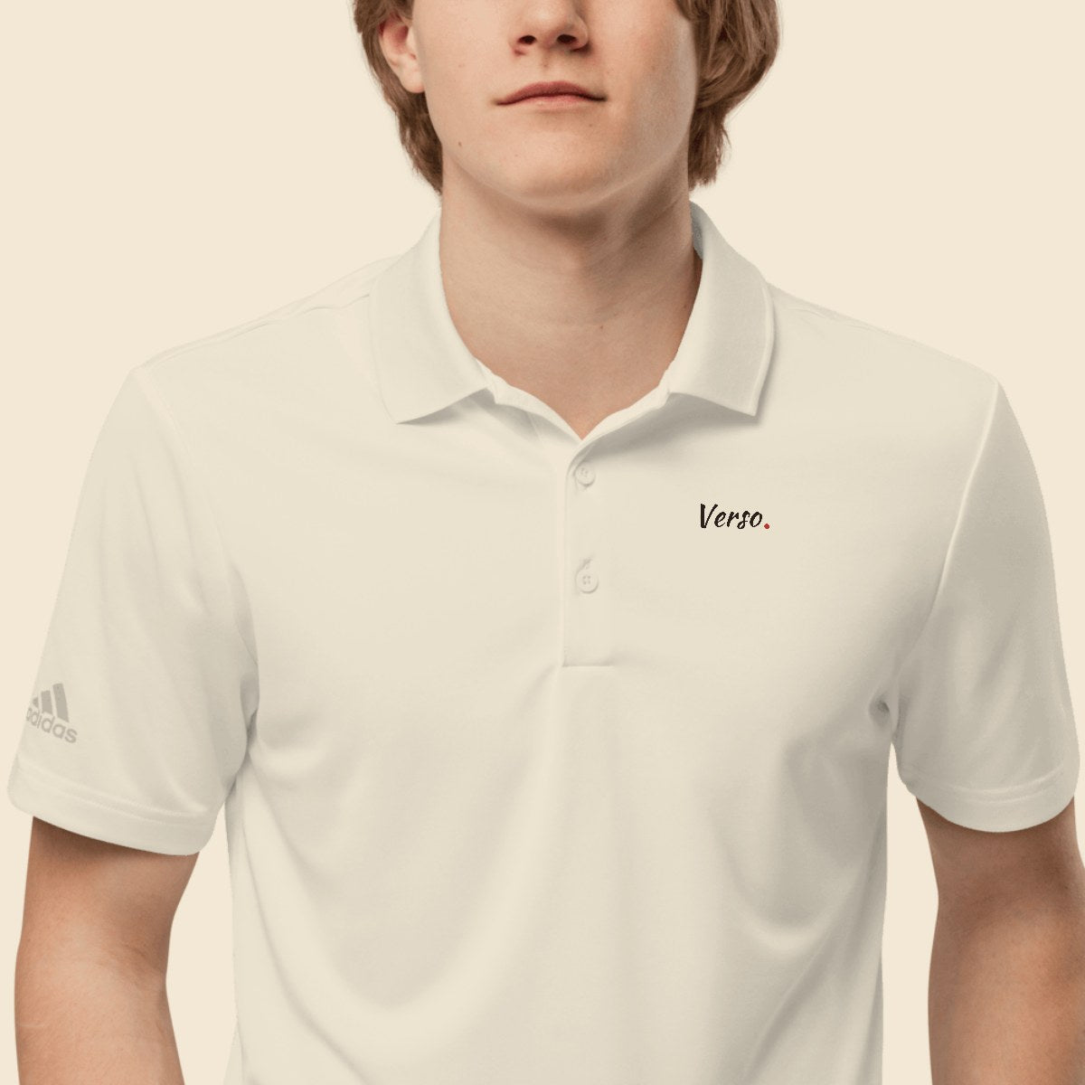 Polo Adidas Premium personnalisable, coloris Blanc, Verso Paris · exemple Blanc · logo Verso