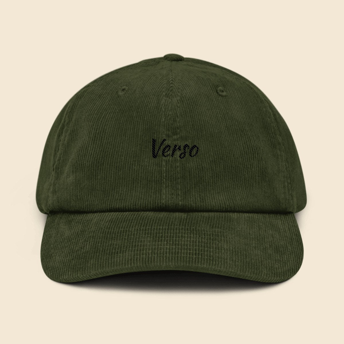 Casquette Velours Côtelé personnalisable, coloris Olive foncé, Verso Paris · exemple Olive foncé · logo Verso