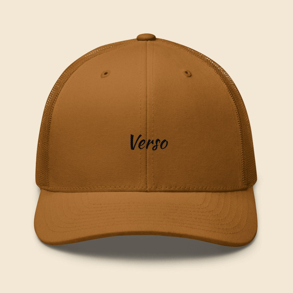 Casquette Trucker personnalisable, coloris Caramel, Verso Paris · exemple Caramel · logo Verso