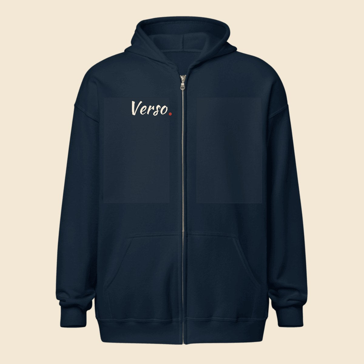 Hoodie Zippé personnalisable, coloris Marine, Verso Paris · exemple Marine · logo Verso
