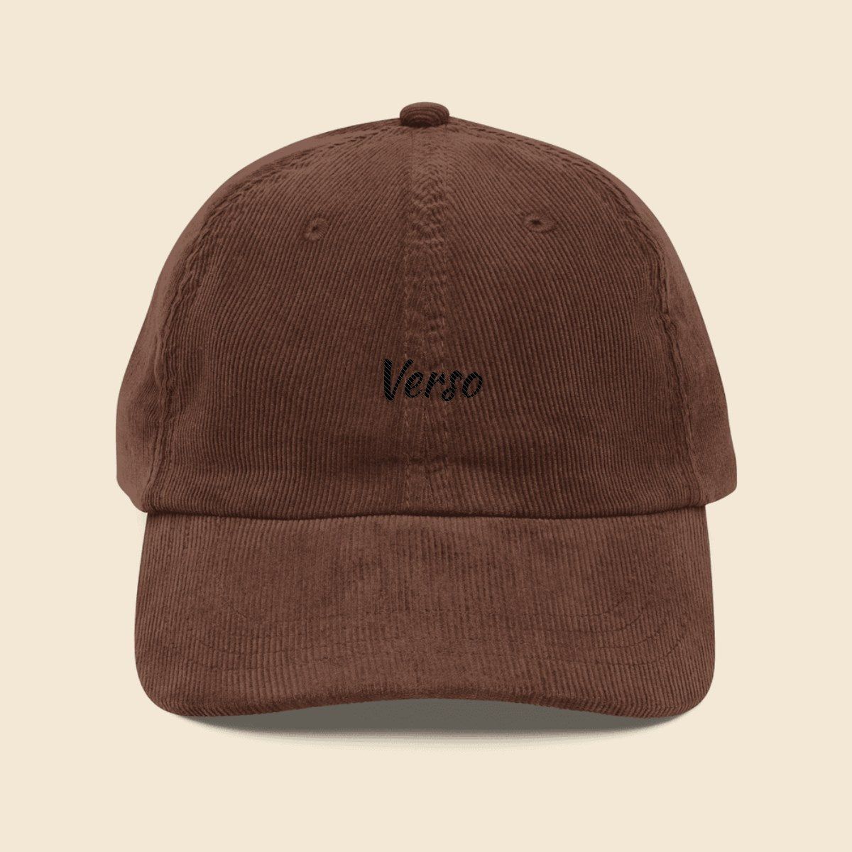 casquette-corduroy-studio · exemple Brun · logo Verso