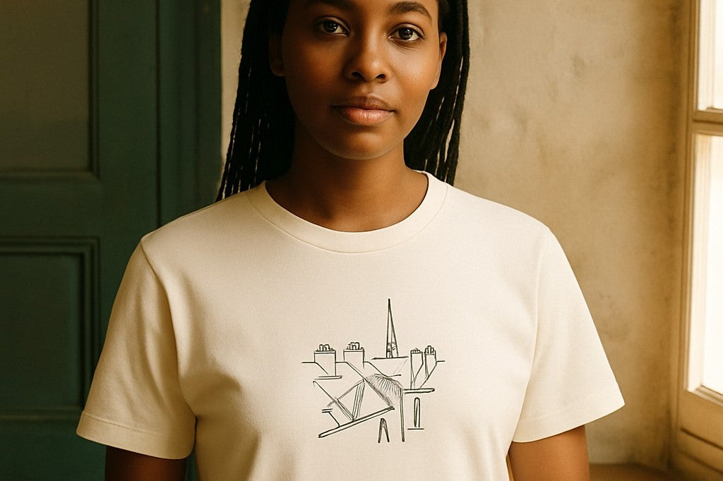 T-shirt personnalisé avec une illustration créée par l’IA, porté dans l’atelier Verso Paris