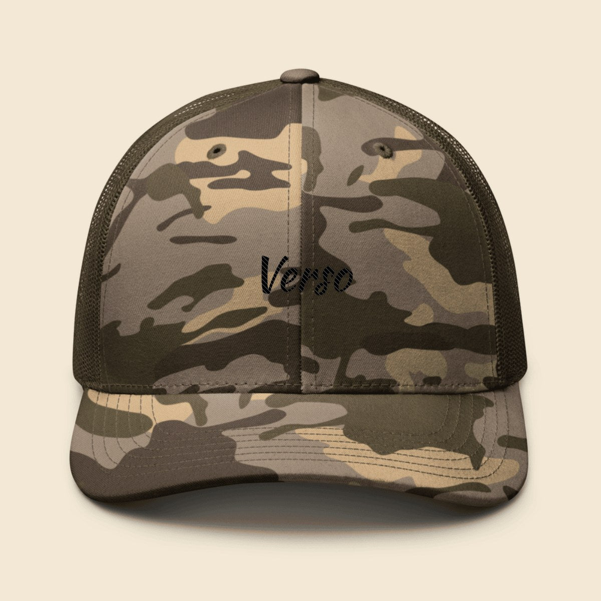 Casquette Camouflage personnalisable, coloris Olive, Verso Paris · exemple Olive · logo Verso