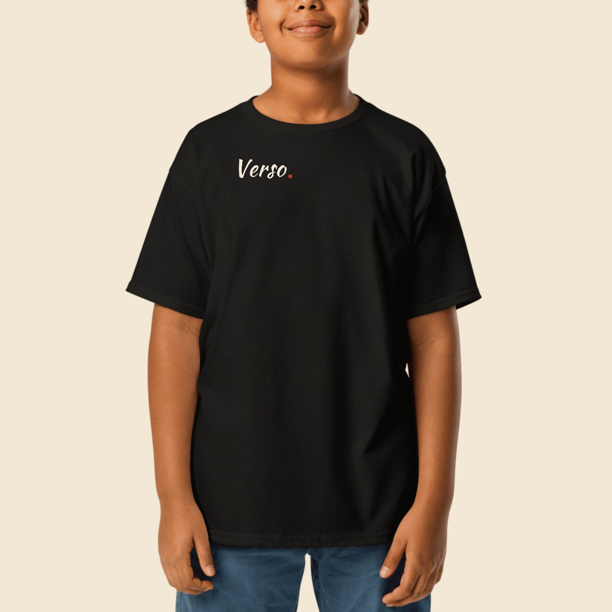 tee-jersey-enfant-gildan-5000b-studio · exemple Noir · logo Verso
