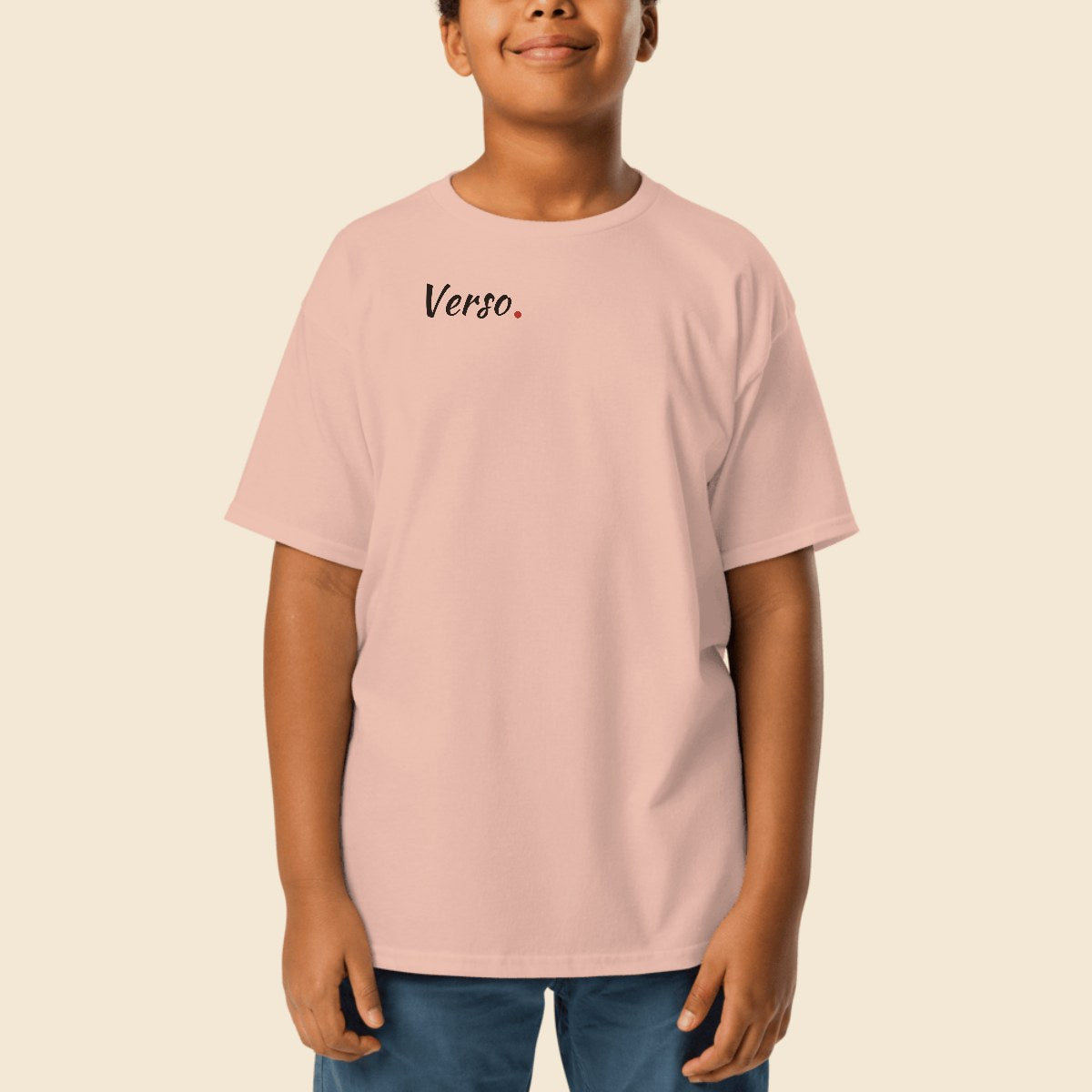 tee-jersey-enfant-gildan-5000b-studio · exemple Rose clair · logo Verso