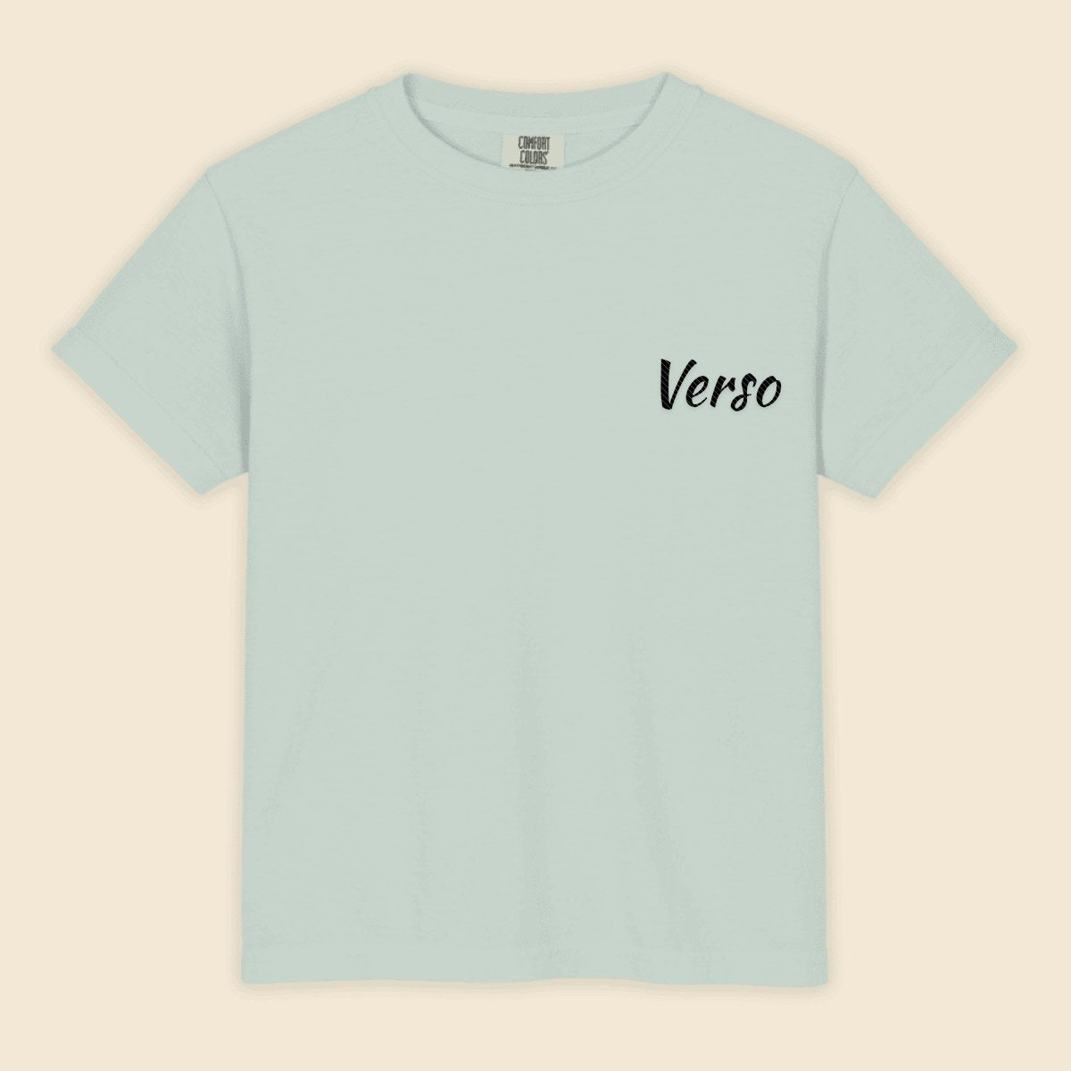 Tee Junior Garment Dye personnalisable, coloris Chambray, Verso Paris · exemple Chambray · logo Verso