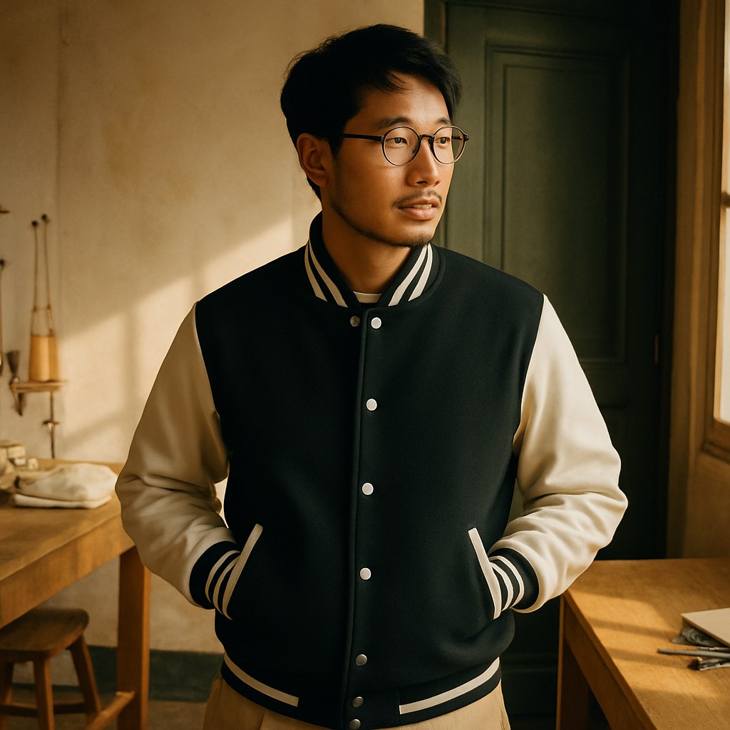 Veste Universitaire photographié dans l'atelier Verso Paris · atelier Verso · d'après produit · porté homme