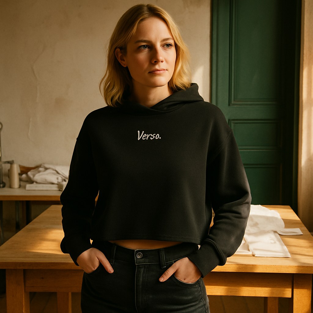 Hoodie Court Femme photographié dans l'atelier Verso Paris · atelier Verso · d'après produit · porté femme