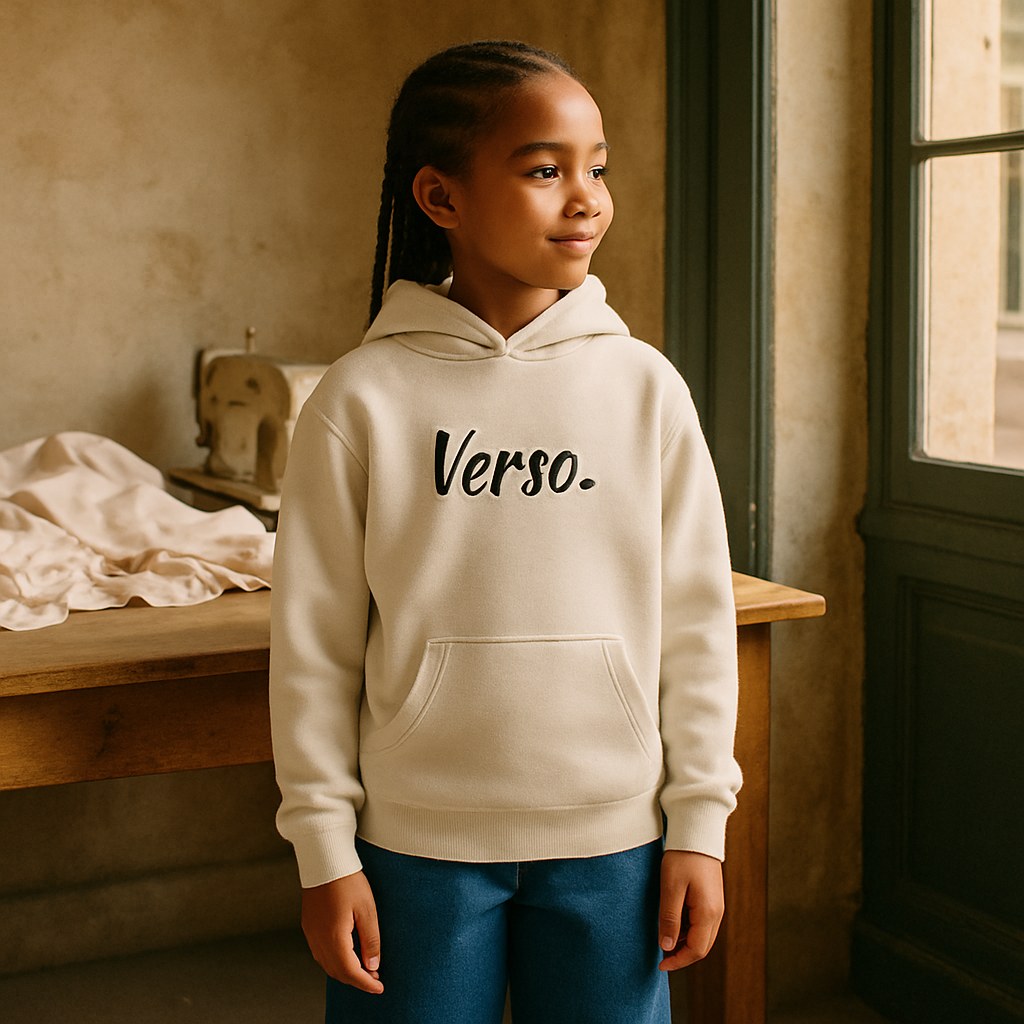 Hoodie Enfant photographié dans l'atelier Verso Paris · atelier Verso · d'après produit · porté enfant