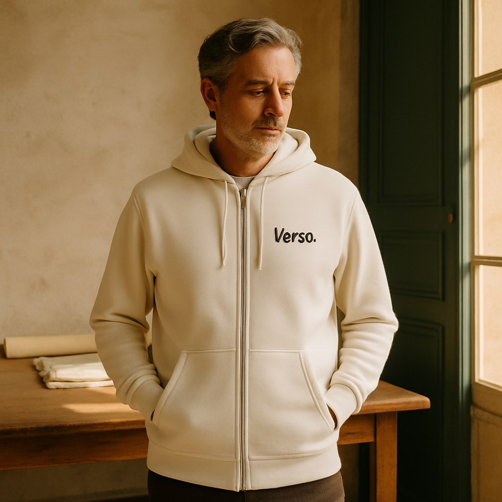Hoodie Zippé photographié dans l'atelier Verso Paris · atelier Verso · d'après produit · porté homme