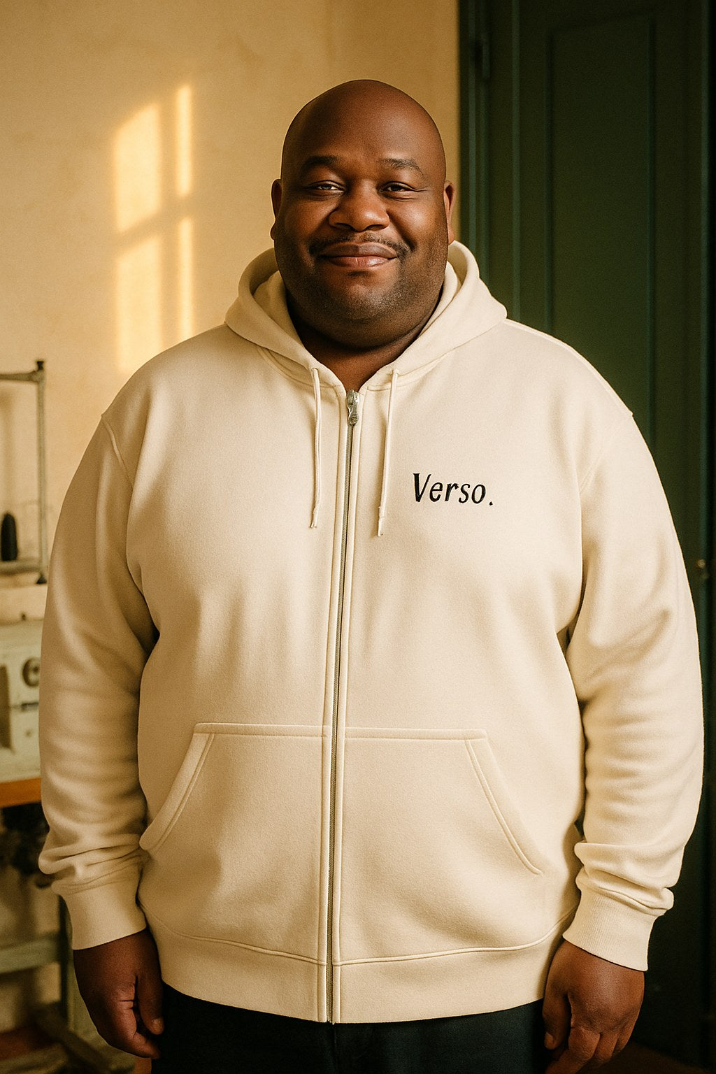 Hoodie Zippé porté en grande taille, Verso Paris · mannequin grande taille homme
